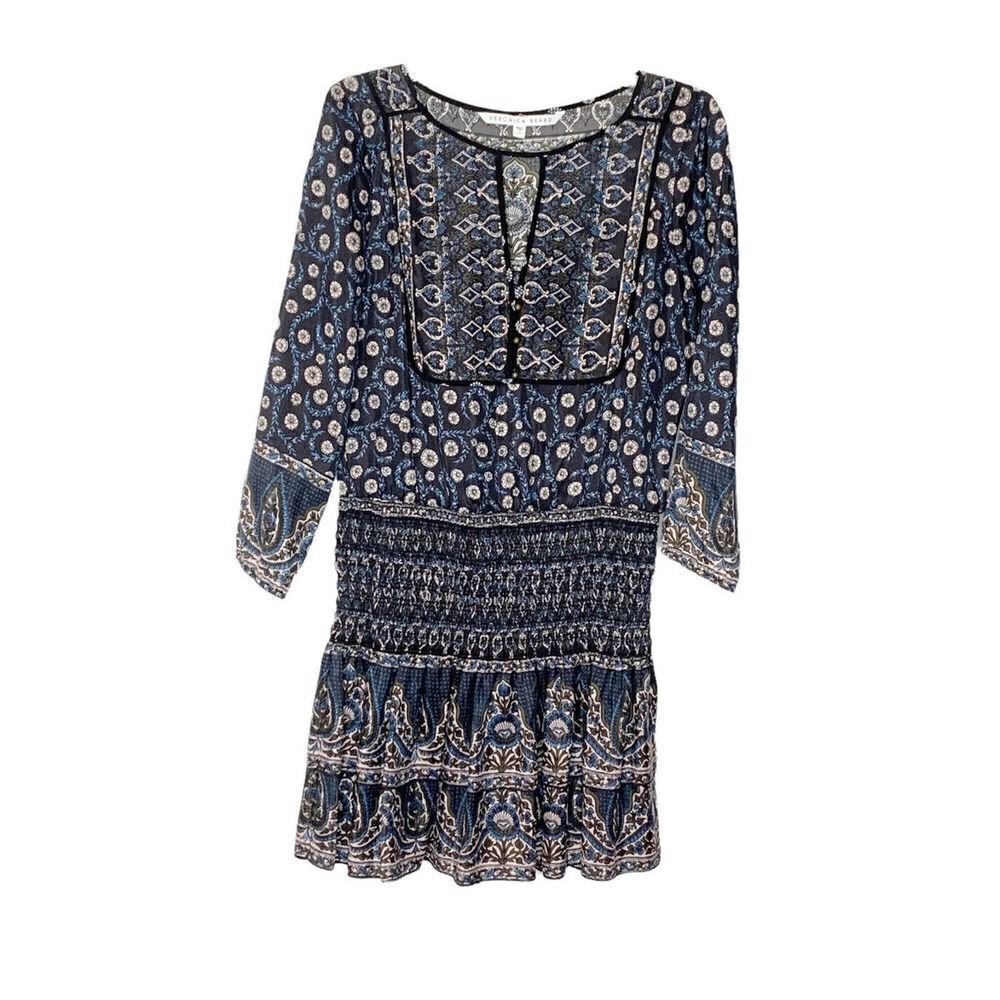 Veronica Beard Makai Printed Silk Smocked Long Sleeve Boho Mini Dress Women’s 10 - Picture 2 of 9